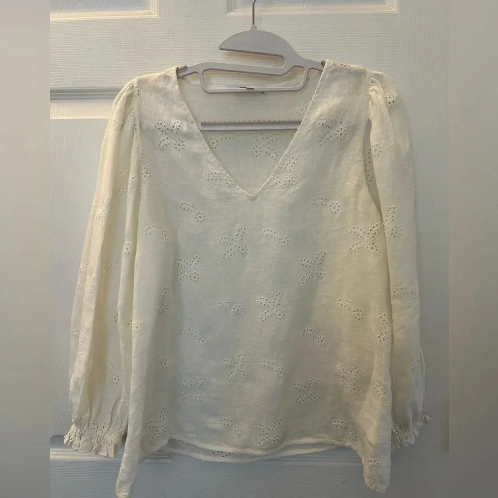 ANN MASHBURN WILLA NEW TOP WHITE EMBROIDERED EYELET 
LINEN